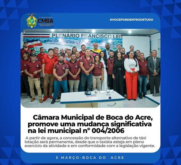 A Câmara Municipal promove uma mudança significativa na lei municipal nº 004/2006 que regula o serviço de táxi lotação.